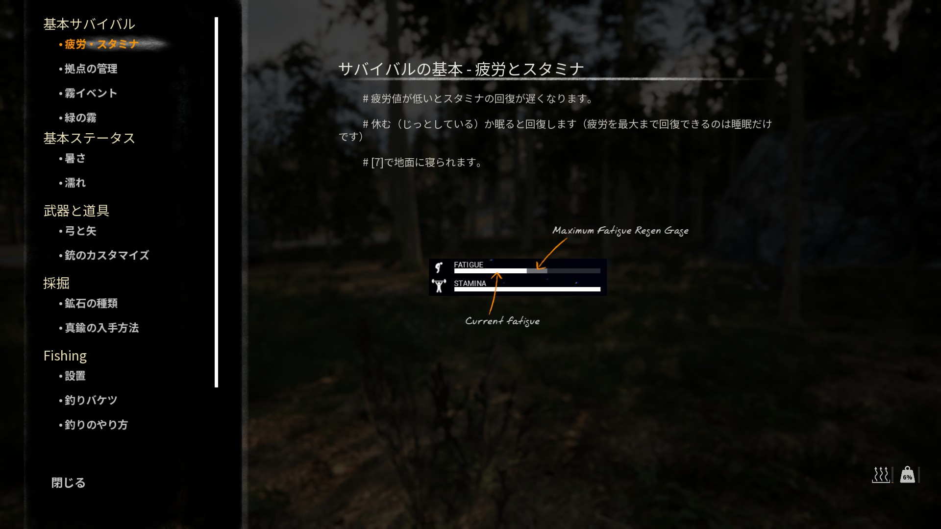 チュートリアル画面で、疲労とスタミナの説明や目次が日本語で表示されている
